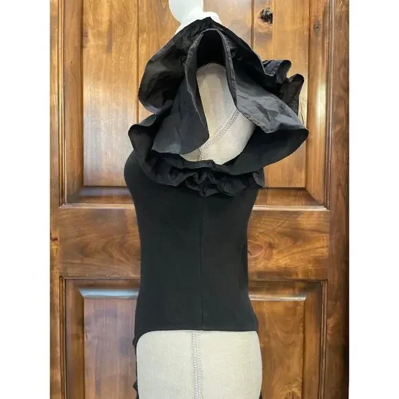 American Threads Ruffled Ribbed V-Neck Thong Black Bodysuit Medium - Picture 5 of 7